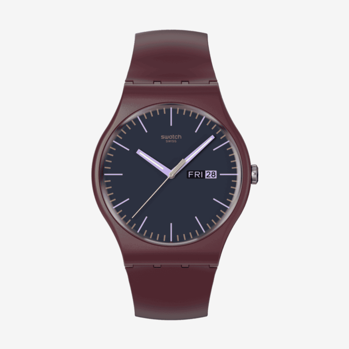 Vista frontal del Reloj Swatch Burgundy Berry con esfera negra y caja burdeos - SO29R707