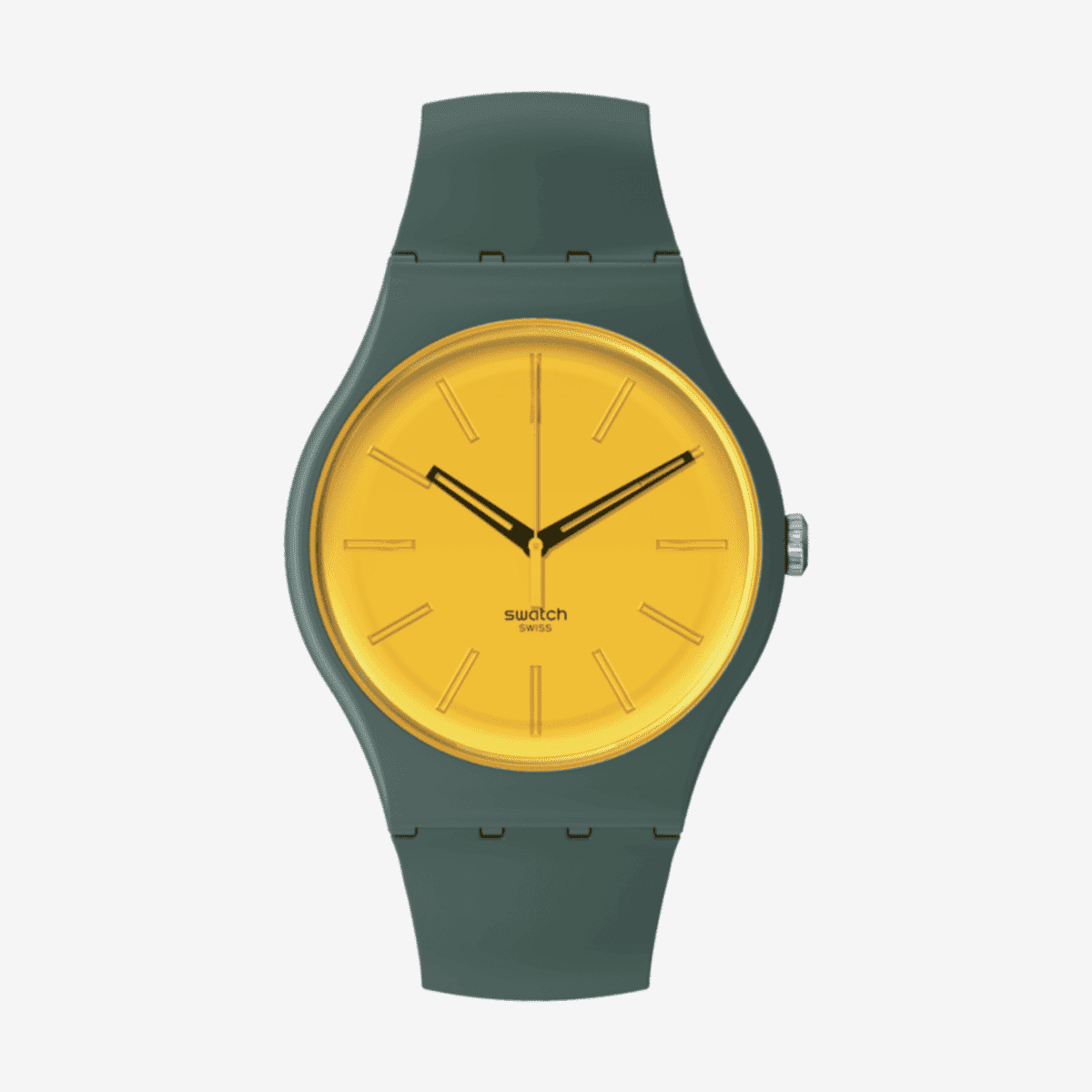 Vista frontal del Reloj Swatch Gold in the Garden con esfera amarilla y caja verde - SO29G103
