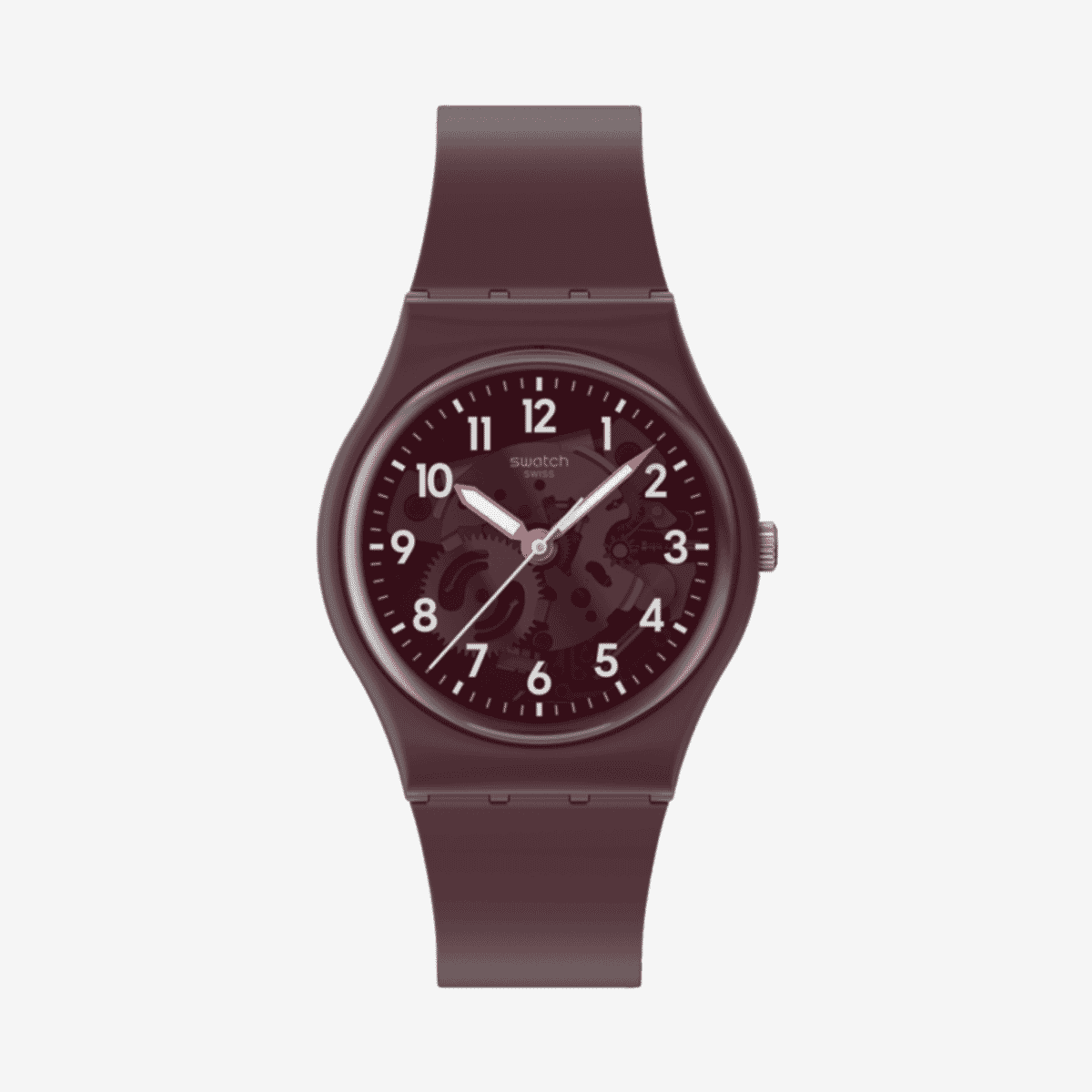 Vista frontal del Reloj Swatch Thru the Crown Glass con esfera burdeos - SO28R115