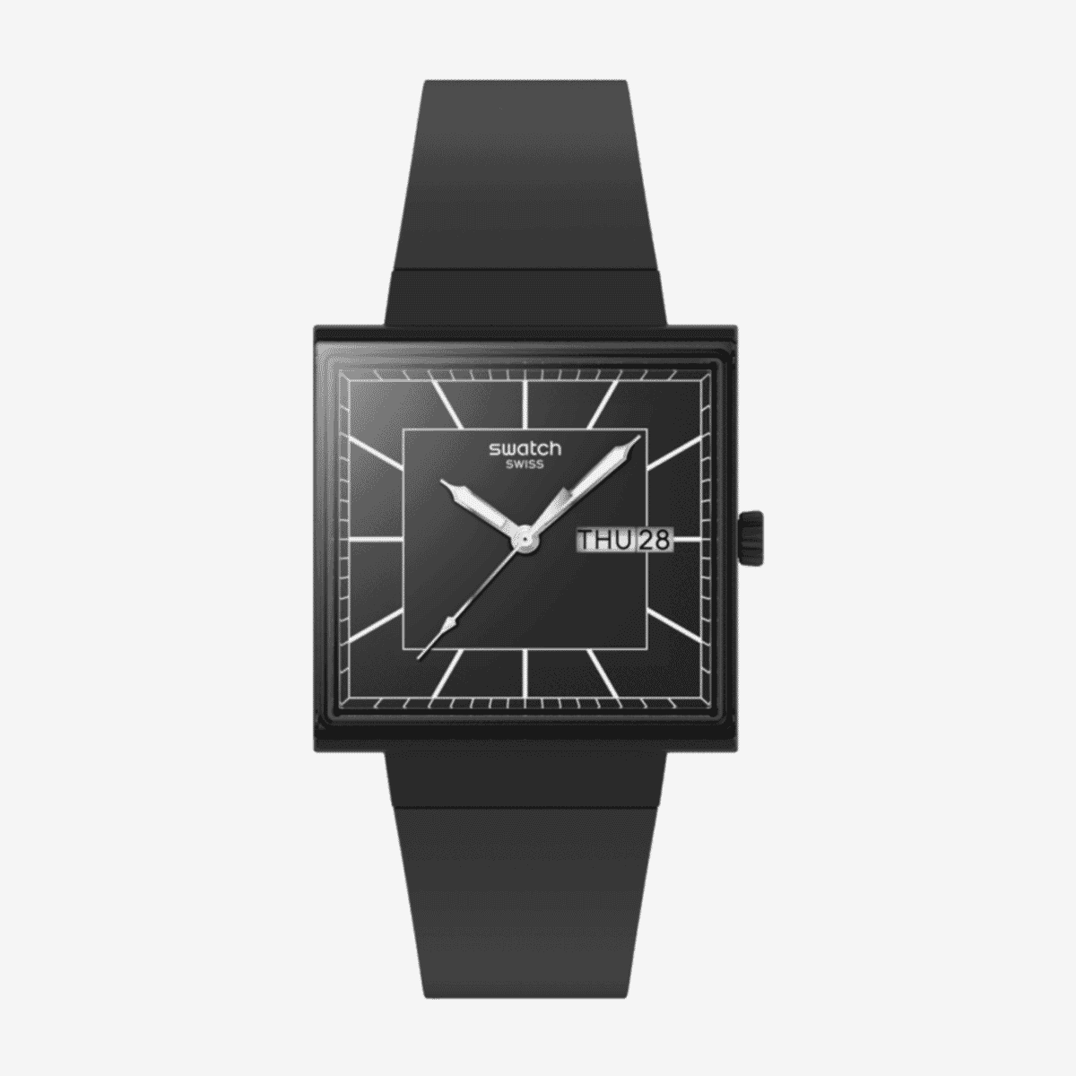 Reloj Swatch What If...blackagain con esfera cuadrada negra, correa negra y caja negra con indicador de fecha - SO34B701