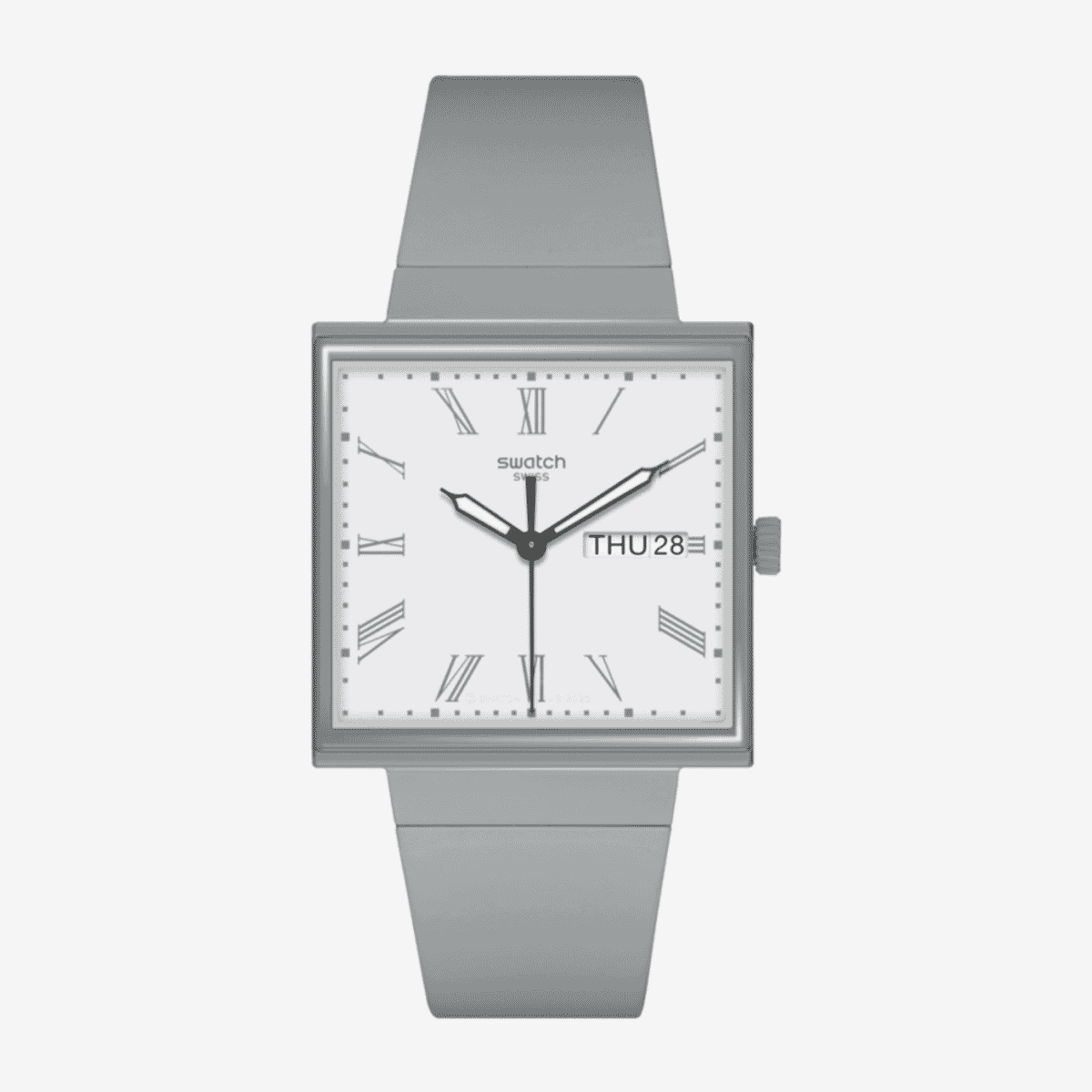 Reloj Swatch What If...gray con esfera cuadrada blanca, correa gris y caja gris con indicador de fecha - SO34M700