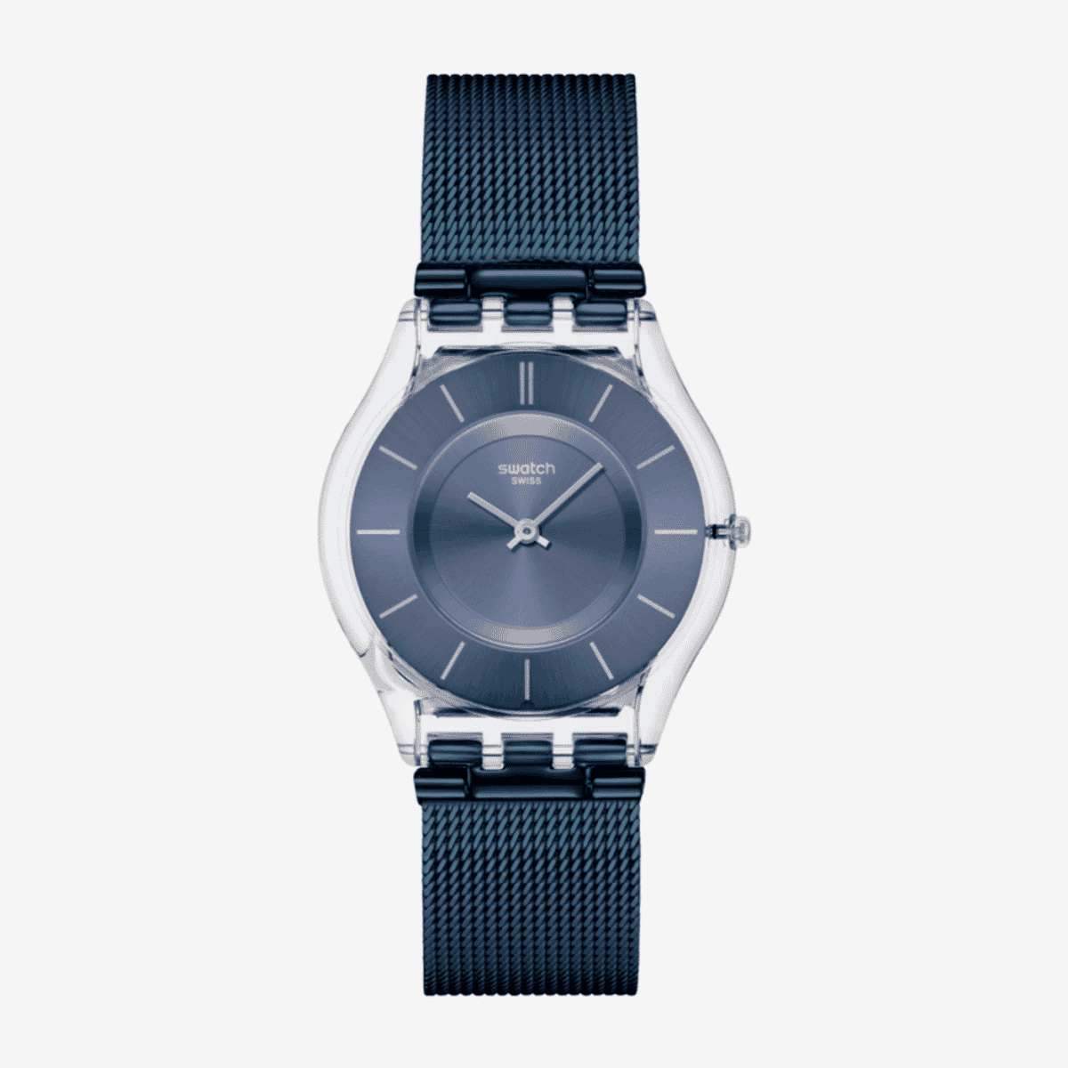 Reloj Swatch Cool Skies con esfera azul, caja transparente y correa de malla azul - SS08K120M