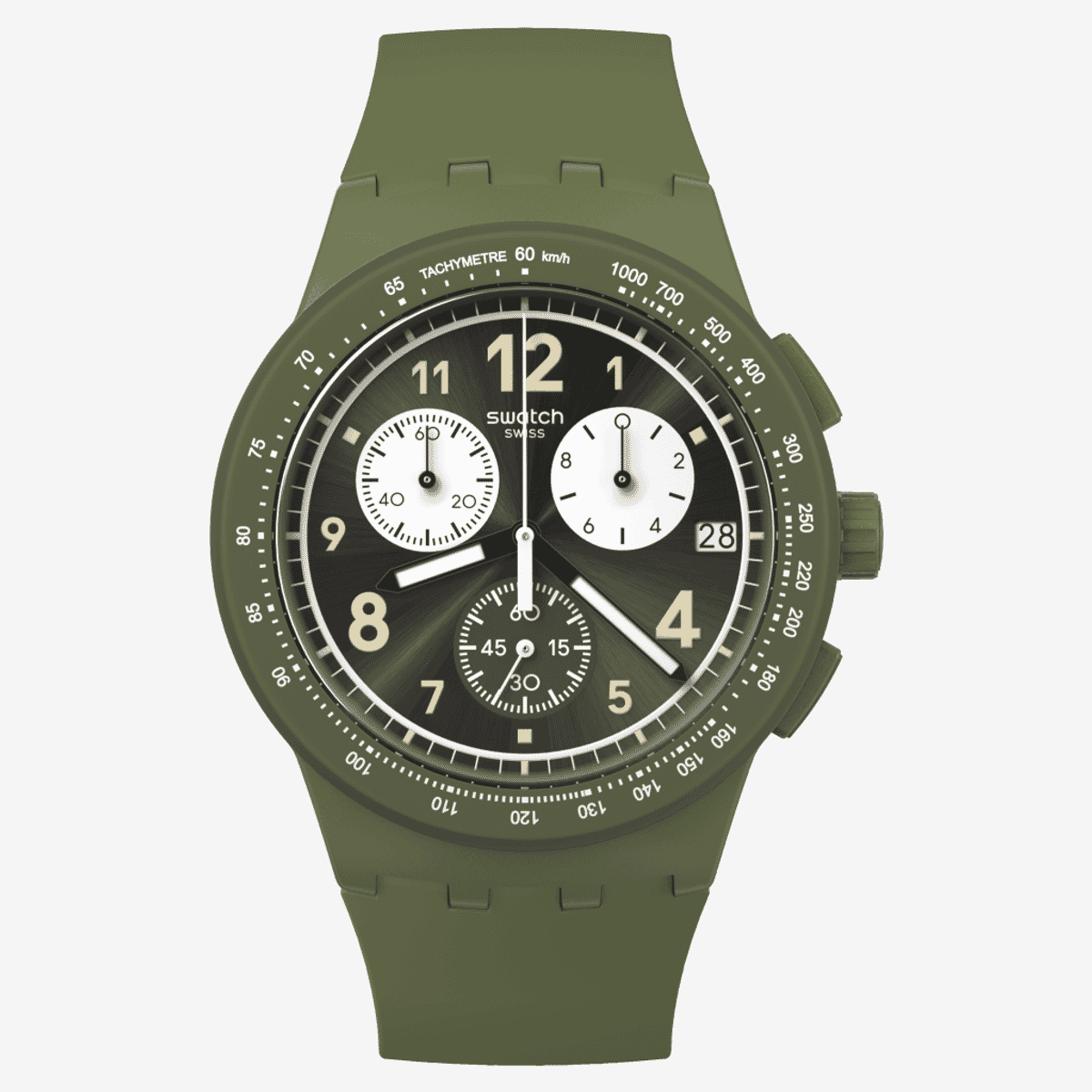Reloj Swatch Nothing Basic About Green con cronógrafo, esfera negra y correa verde militar - SUSG406