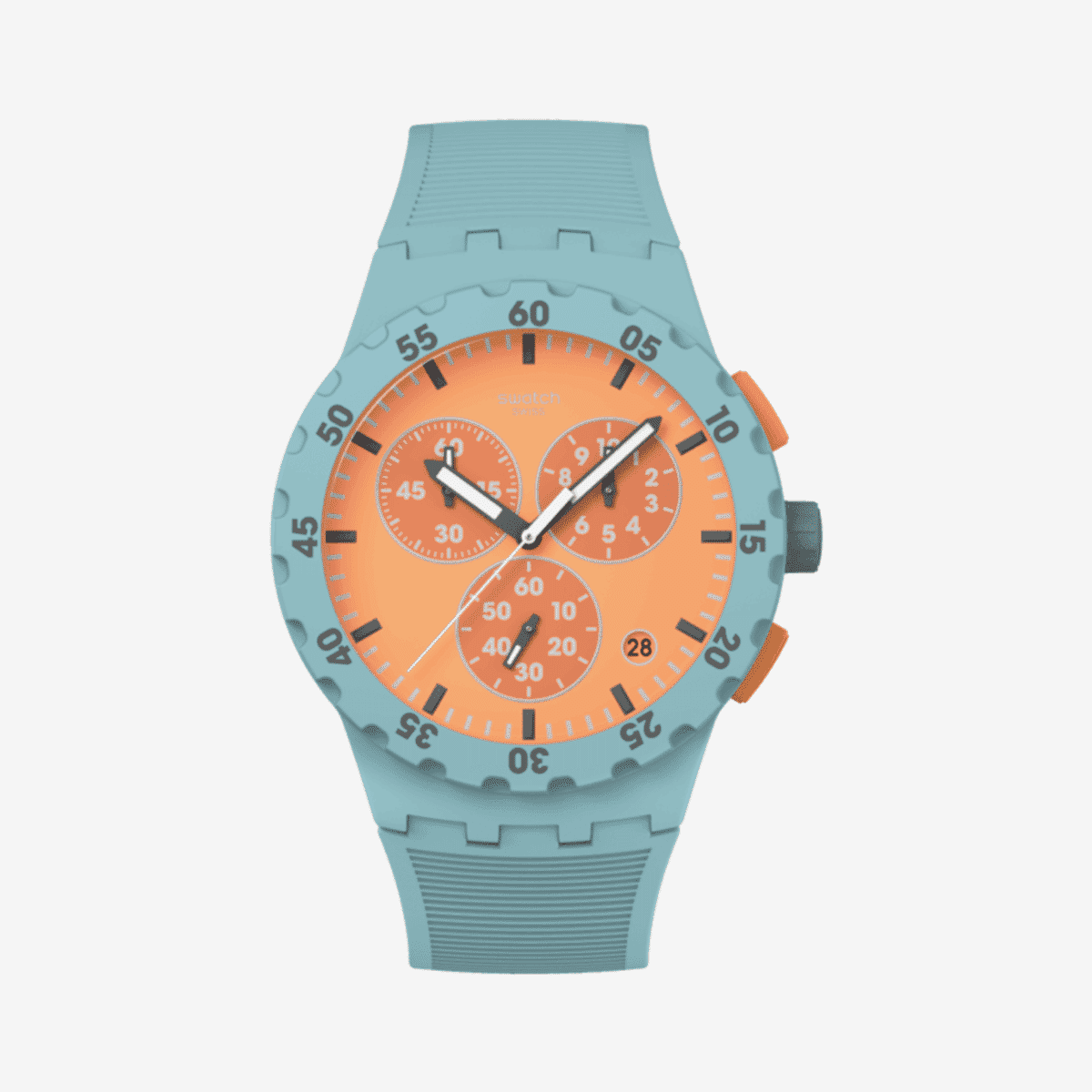 Reloj Swatch Juicy Apricot con cronógrafo, esfera naranja y correa turquesa - SUSL401