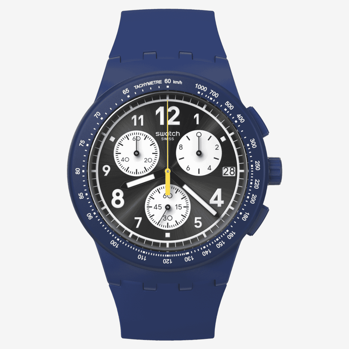 Reloj Swatch Nothing Basic About Blue con cronógrafo, esfera negra y correa azul marino - SUSN418