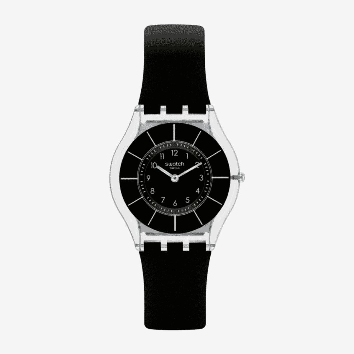 Reloj Swatch Black Classiness con esfera negra, caja transparente y correa negra - SS08K103