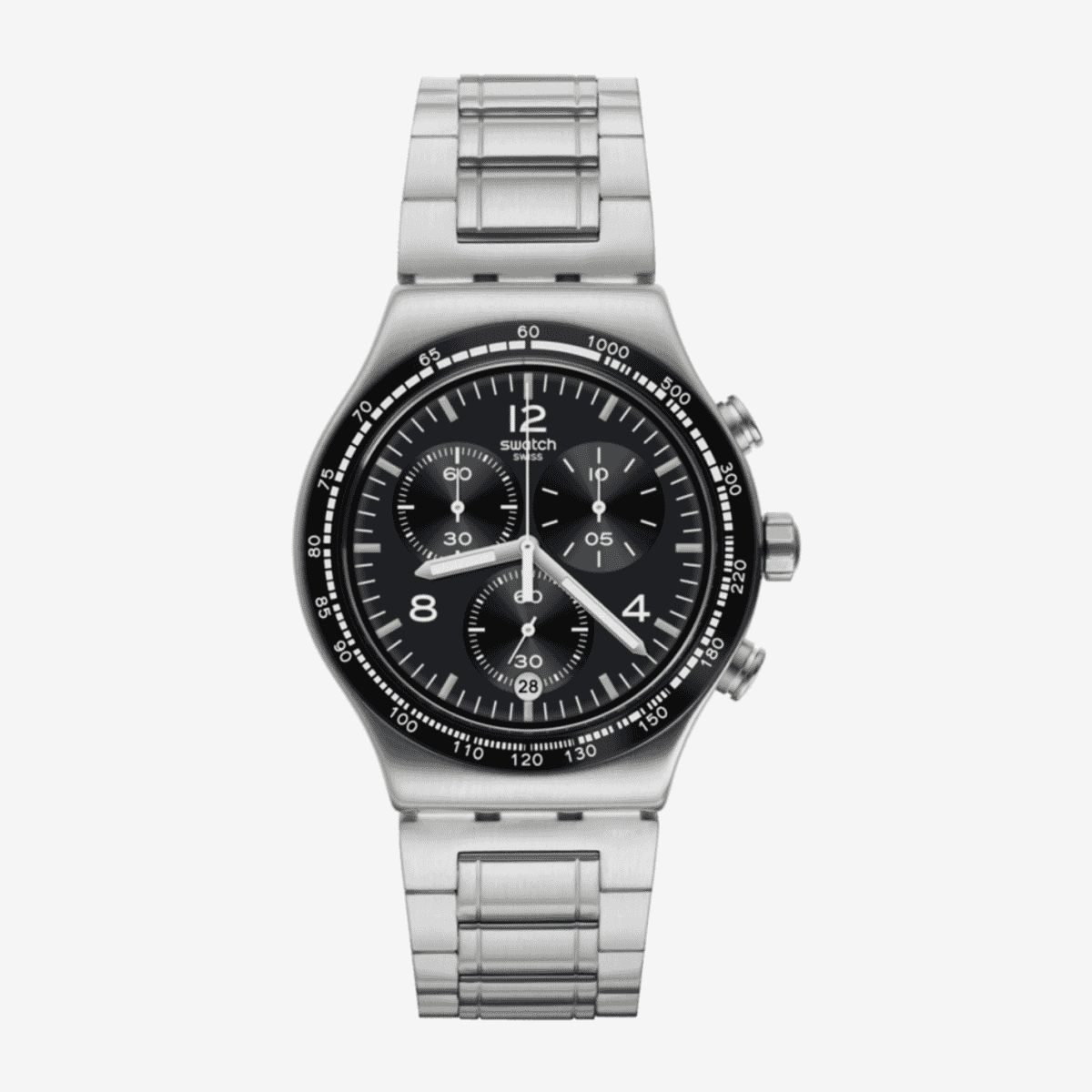 Reloj Swatch Night Flight cronógrafo con esfera negra, bisel negro y brazalete de acero plateado - YVS444GC