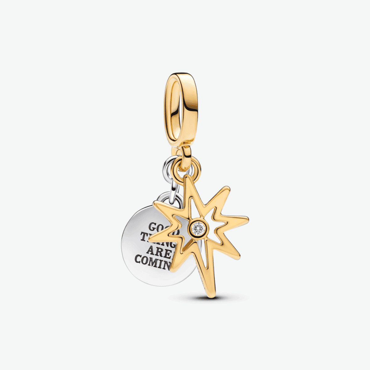 Charm colgante Pandora bicolor plata y oro con estrella polar y placa grabable - 763588C01