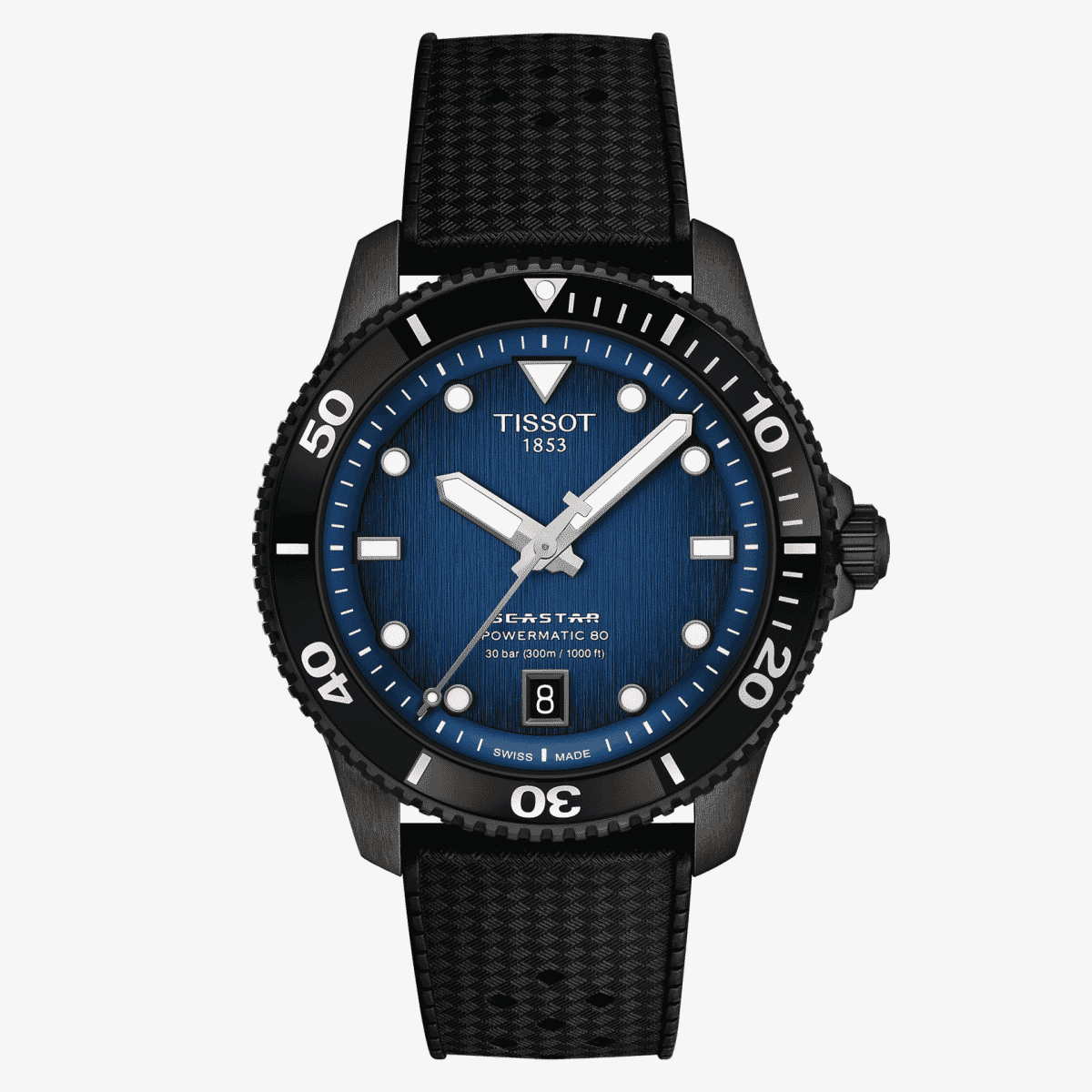Reloj Tissot Seastar 1000 Powermatic 80 40mm con brazalete de goma negra y esfera degradada azul vista frontal - T1208073704100