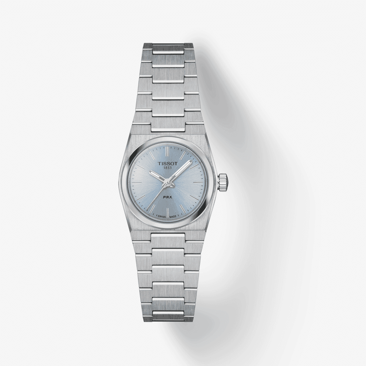 Reloj Tissot PRX 25mm con brazalete de acero inoxidable y esfera azul hielo vista frontal - T1370101135100