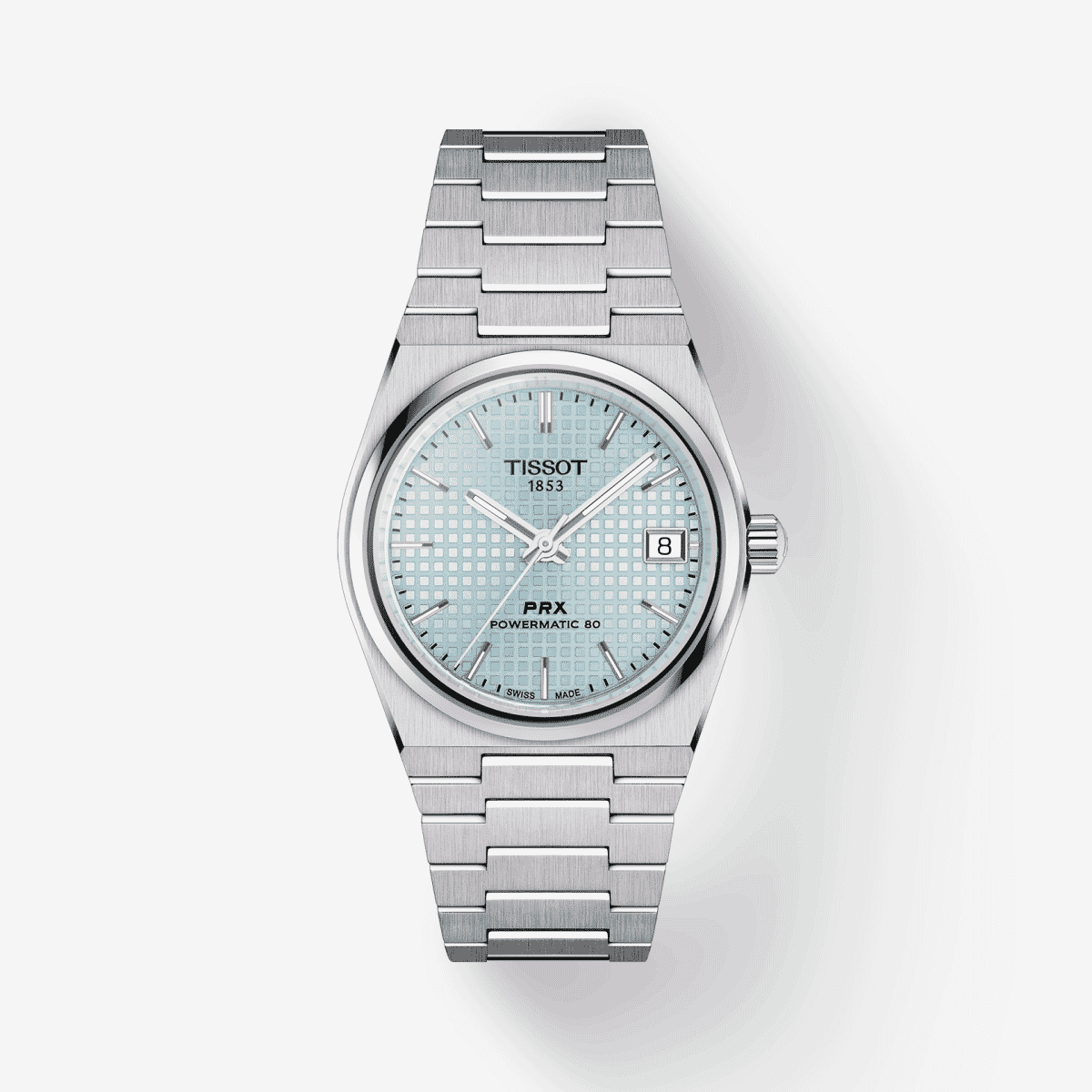Vista frontal del reloj Tissot PRX Powermatic 80 35mm con brazalete de acero inoxidable y esfera azul hielo - T1372071135100