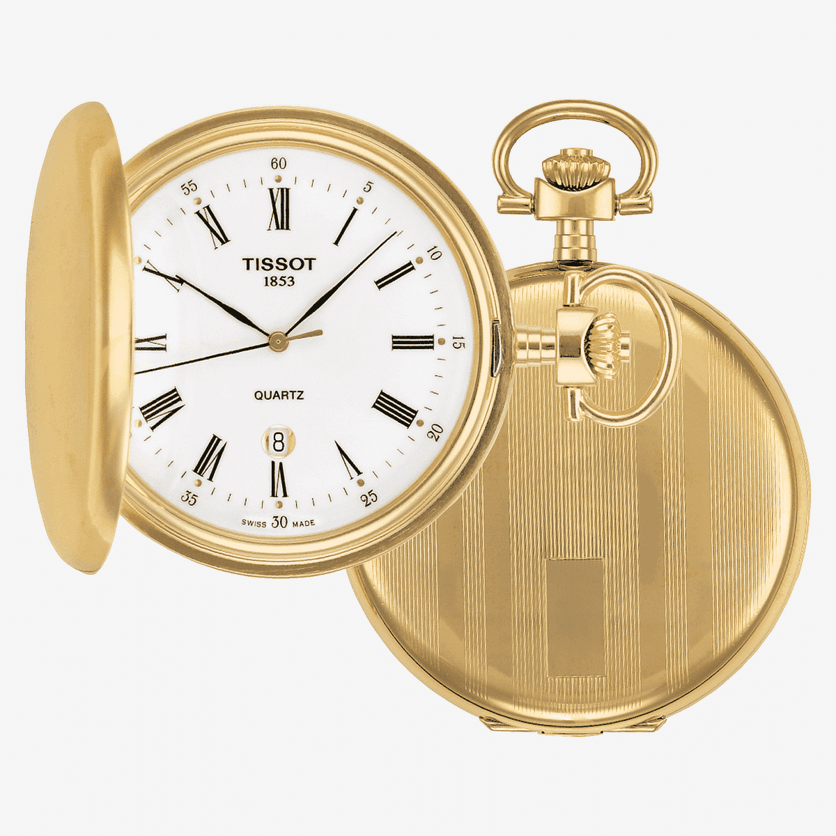 Vista frontal del reloj de bolsillo Tissot Savonnette con esfera blanca - T83455313
