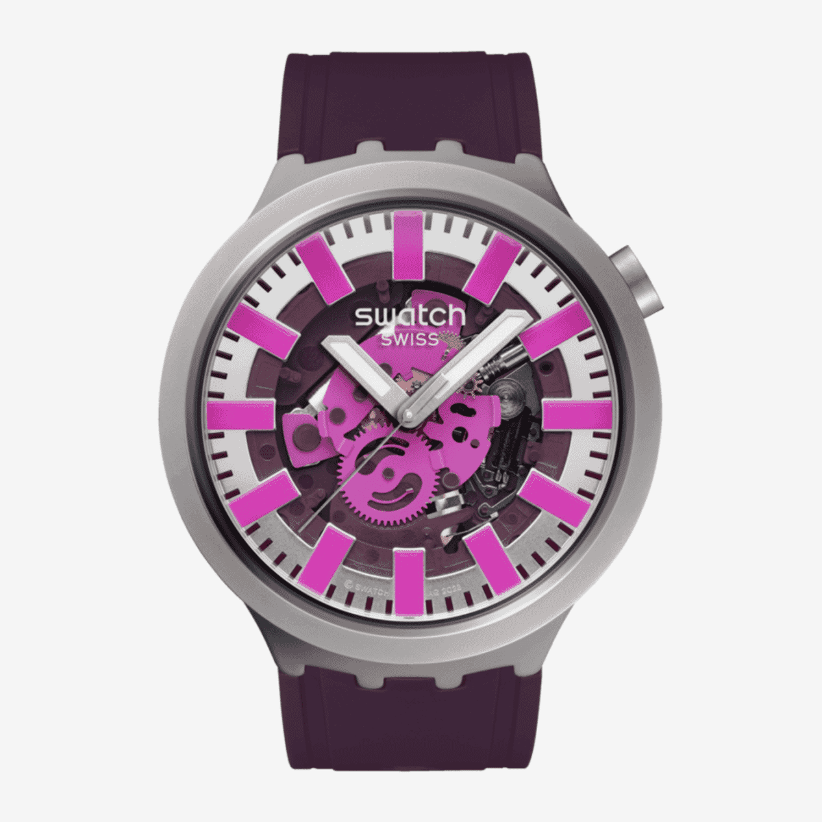 Vista frontal del Reloj Swatch Audacious Acai con correa púrpura y esfera gris - SB07S120