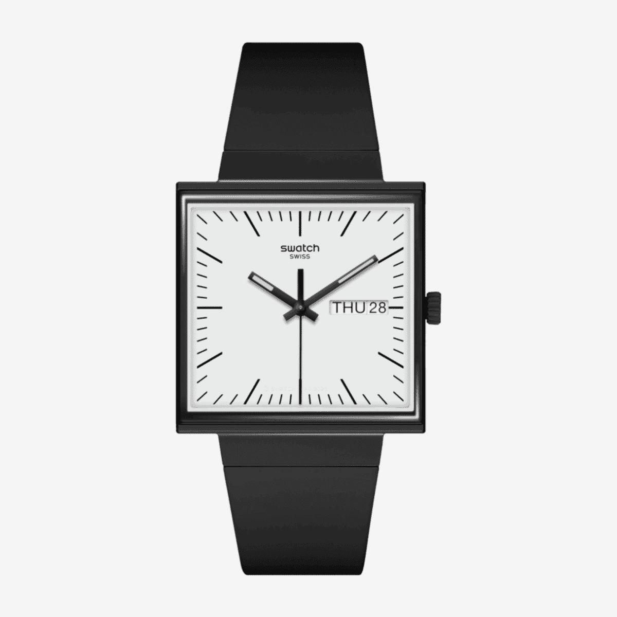 Reloj Swatch What If…black vista frontal con brazalete negro y esfera blanca - SO34B700