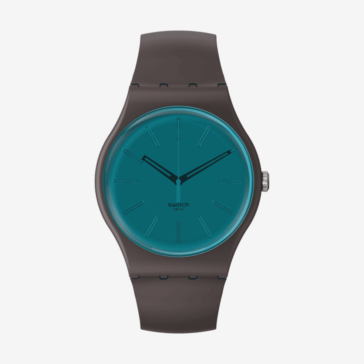 Vista frontal del Reloj Swatch Dark Duality con brazalete marron y esfera azul - SO29C100