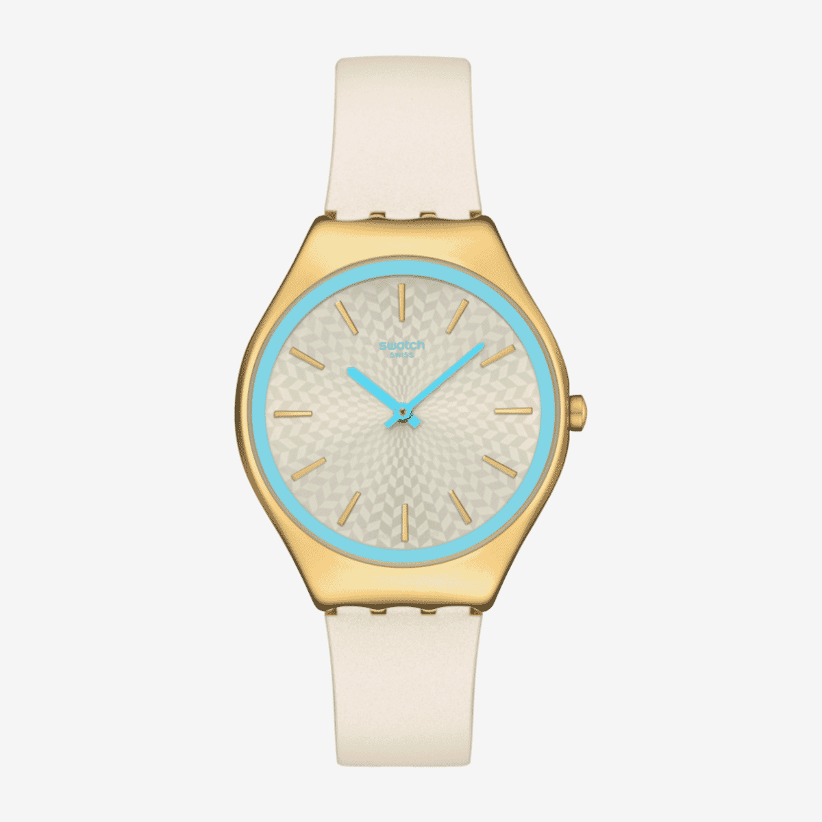 Vista frontal del Reloj Swatch Coco Ho Blu con correa blanca y esfera plateada - SYXG127