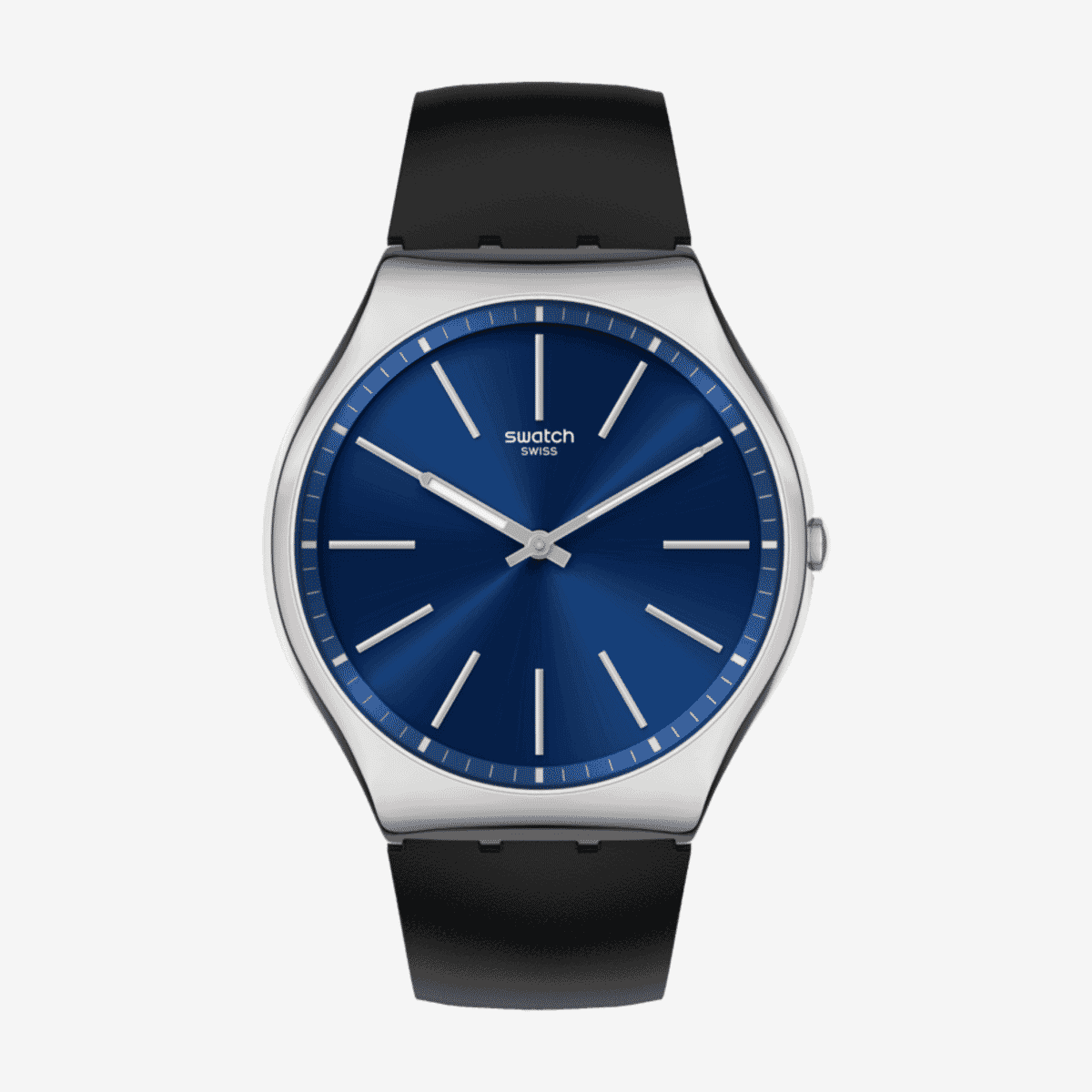 Vista frontal del Reloj Swatch Formal Blue 42 con correa negra y esfera azul - SS07S125