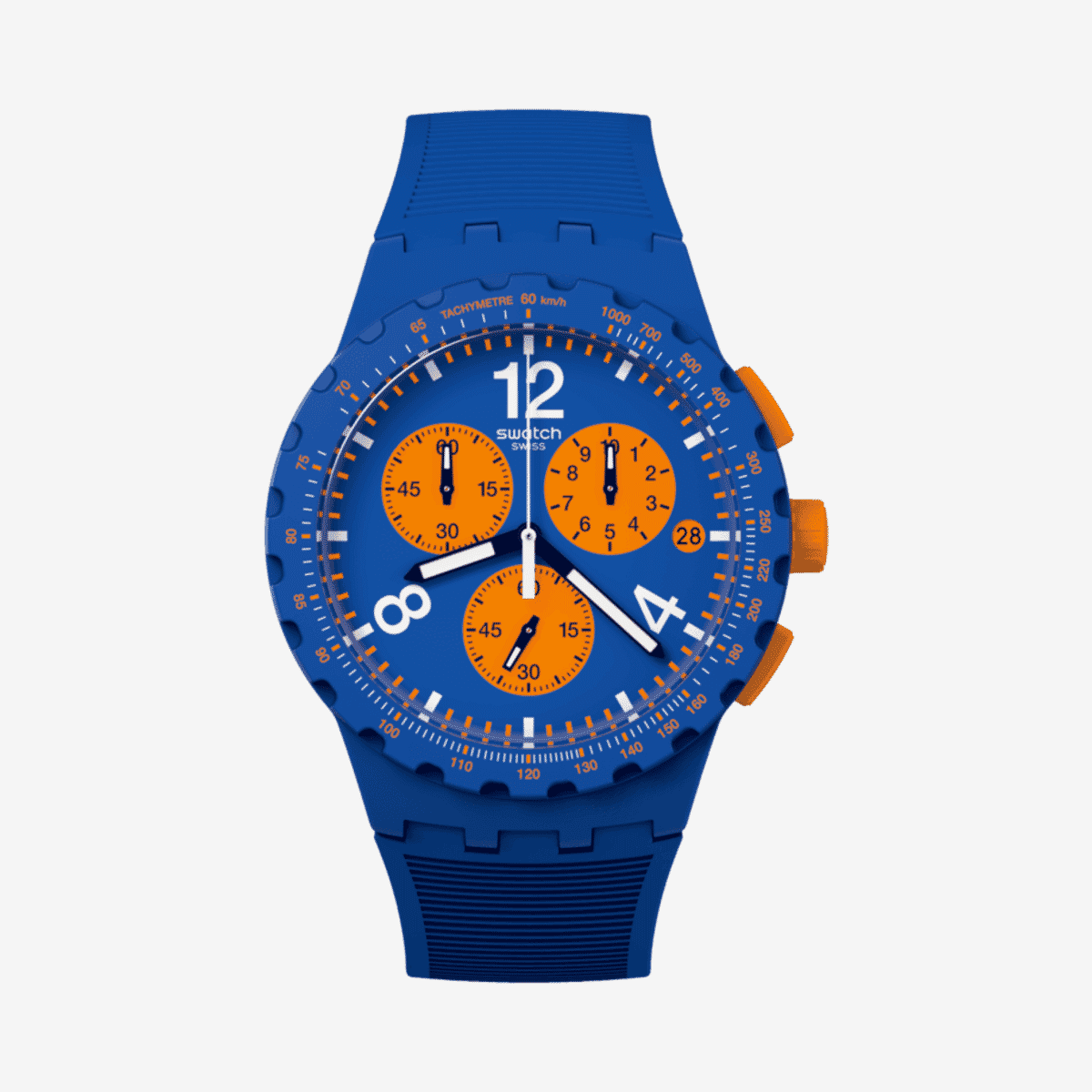 Vista frontal del Reloj Swatch Primarily Blue con correa azul y detalles naranja - SUSN419