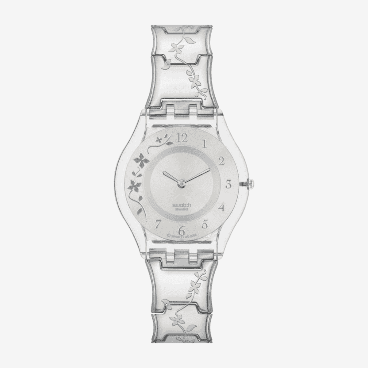 Vista frontal del Reloj Swatch Climber Flowery con brazalete transparente y esfera plateada - SS08K100G