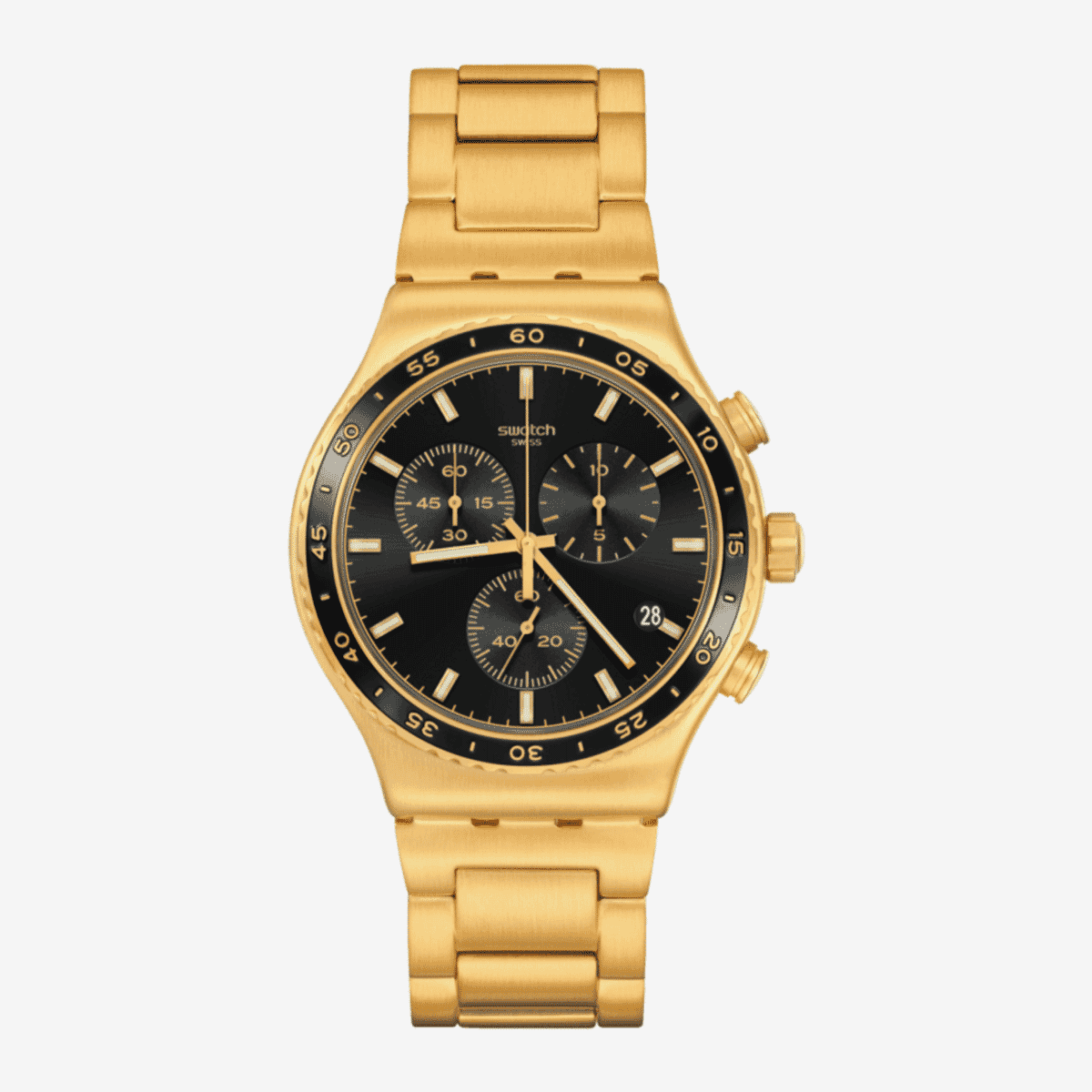 Reloj Swatch In the Black YVG418G con caja y brazalete dorados vista frontal - YVG418G