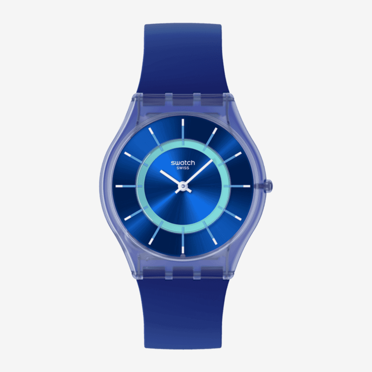 Vista frontal del Reloj Swatch Jammy Grape Dream con esfera y correa azul - SS08I100