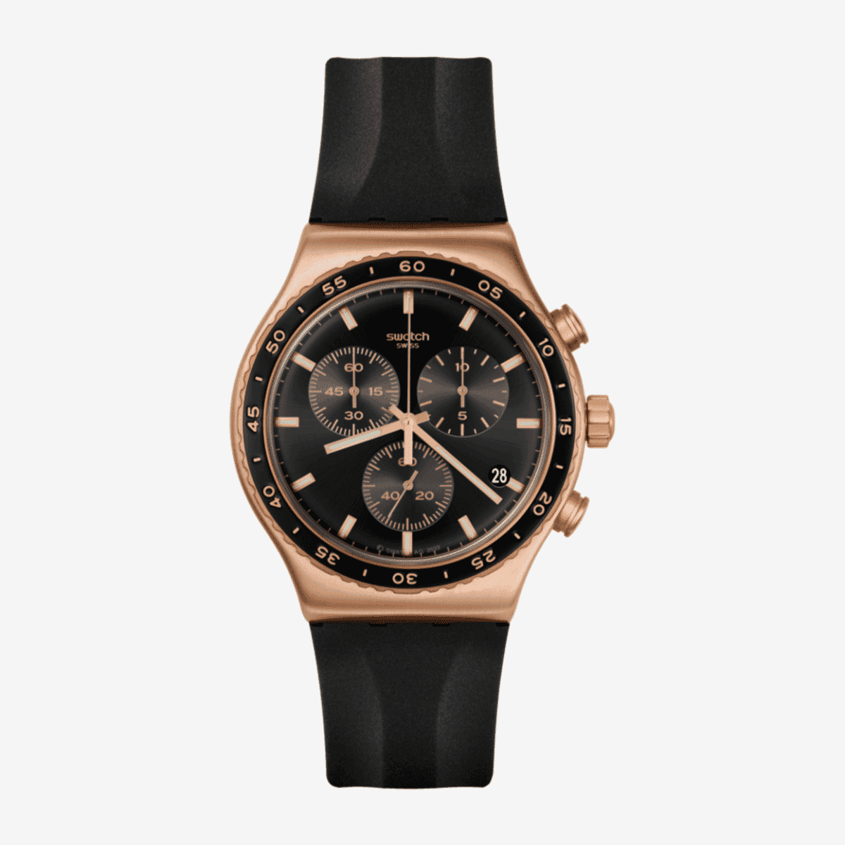 Vista frontal del Reloj Swatch Stain Sheen con correa de silicona negra y esfera negra - YVG410 Vista frontal del Reloj Swatch Stain Sheen con correa de silicona negra y esfera negra - YVG410
