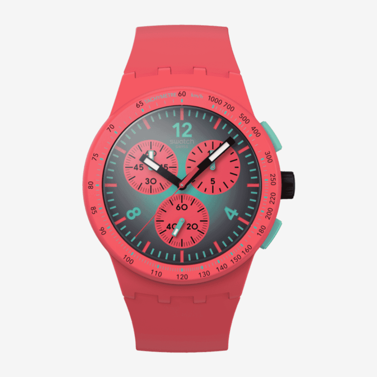 Reloj Swatch Paradiso Kinetiko con caja rosa y correa de silicona verde y rosa vista frontal - SUSP100