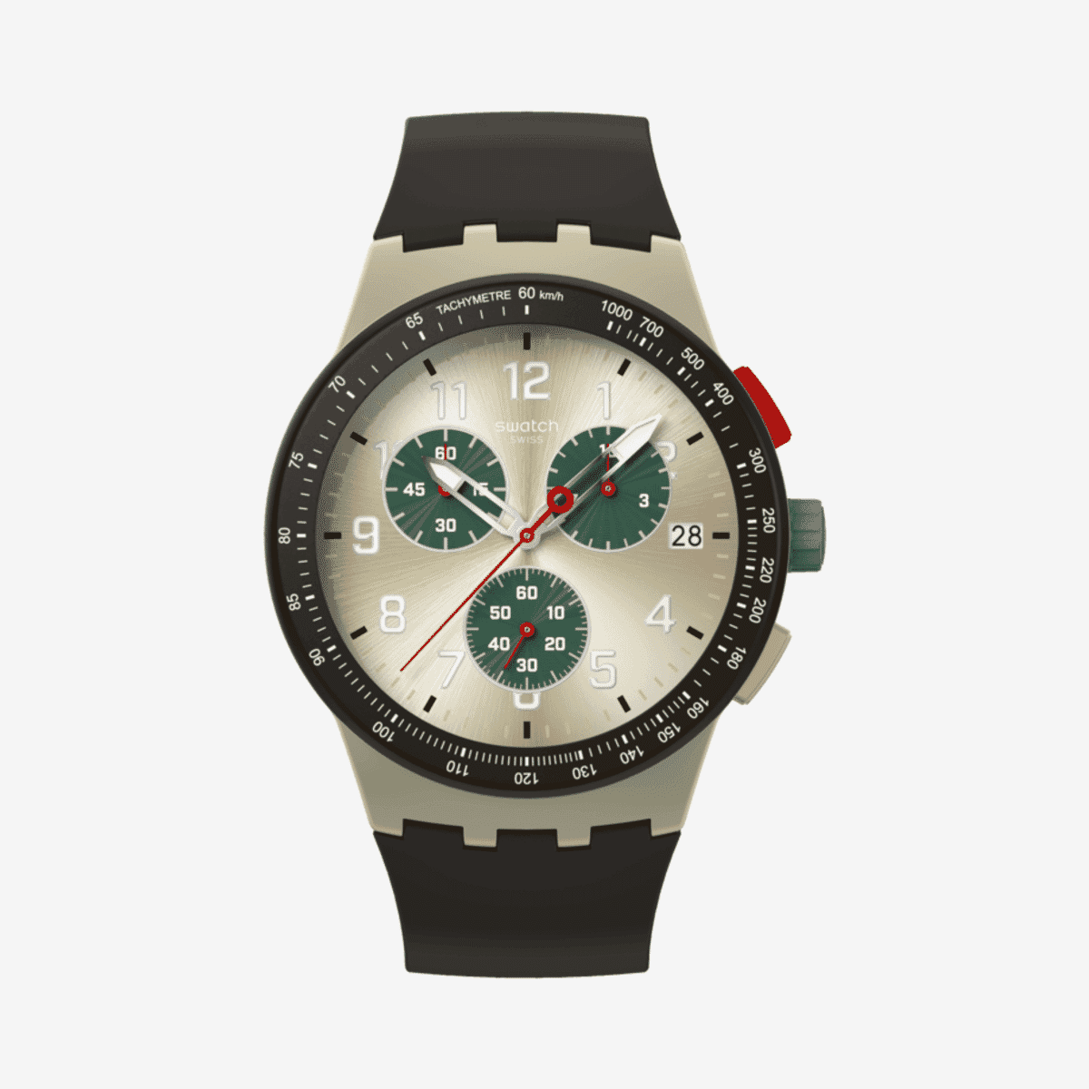 Vista frontal del Reloj Swatch Obsidian Ink con correa de silicona negra y esfera dorada - SUST402