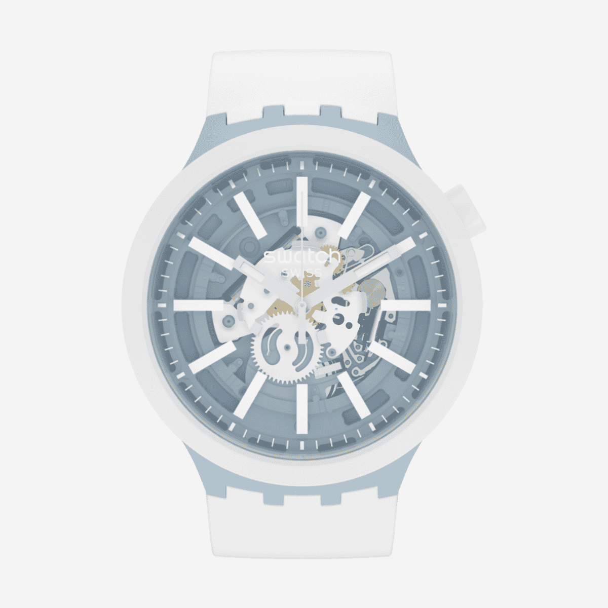 Vista frontal del Reloj Swatch Whice con correa de silicona blanca y esfera azul claro - SB03N103