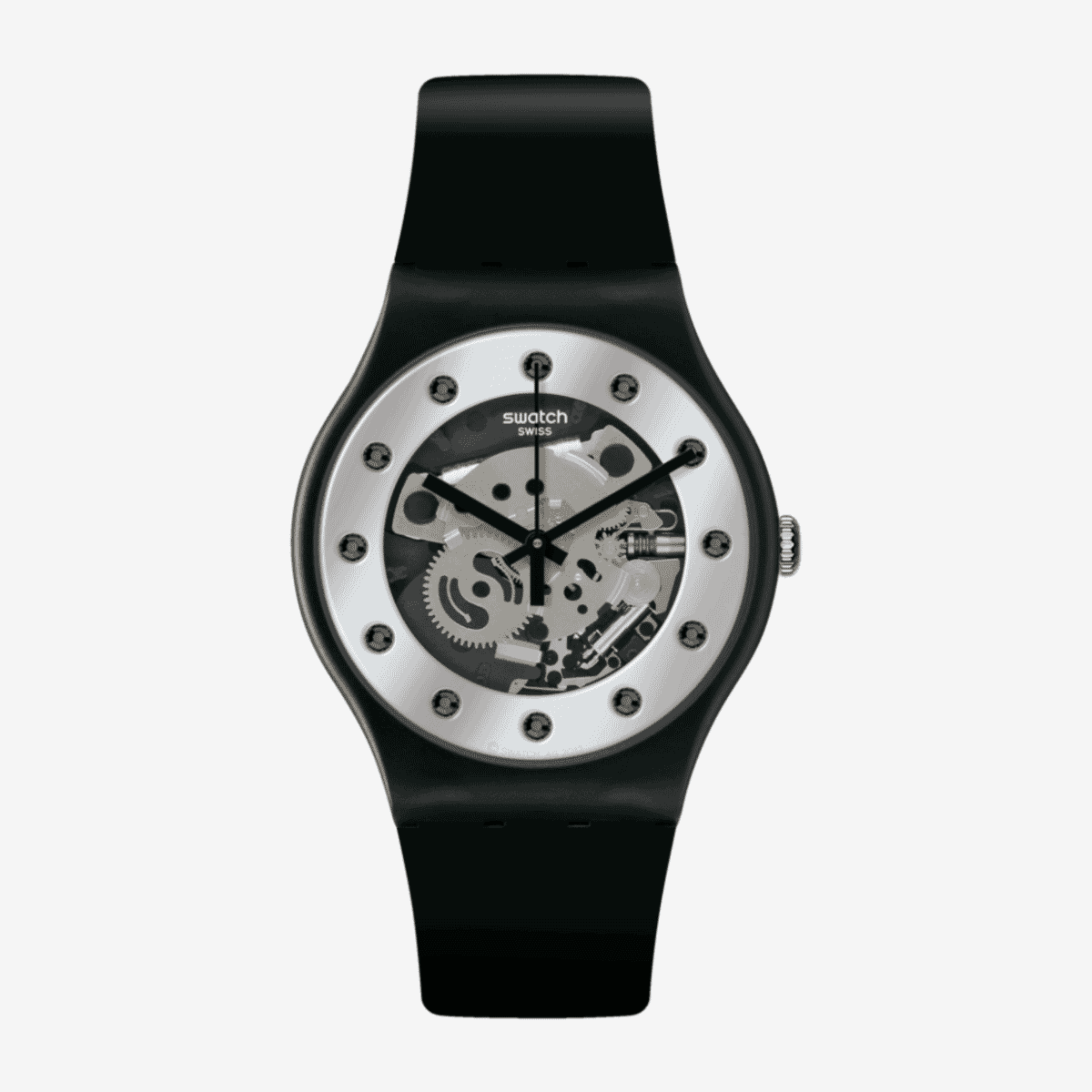 Vista frontal del Reloj Swatch Silver Glam con correa negra y esfera transparente - SO29B109 Vista frontal del Reloj Swatch Silver Glam con correa negra y esfera transparente - SO29B109