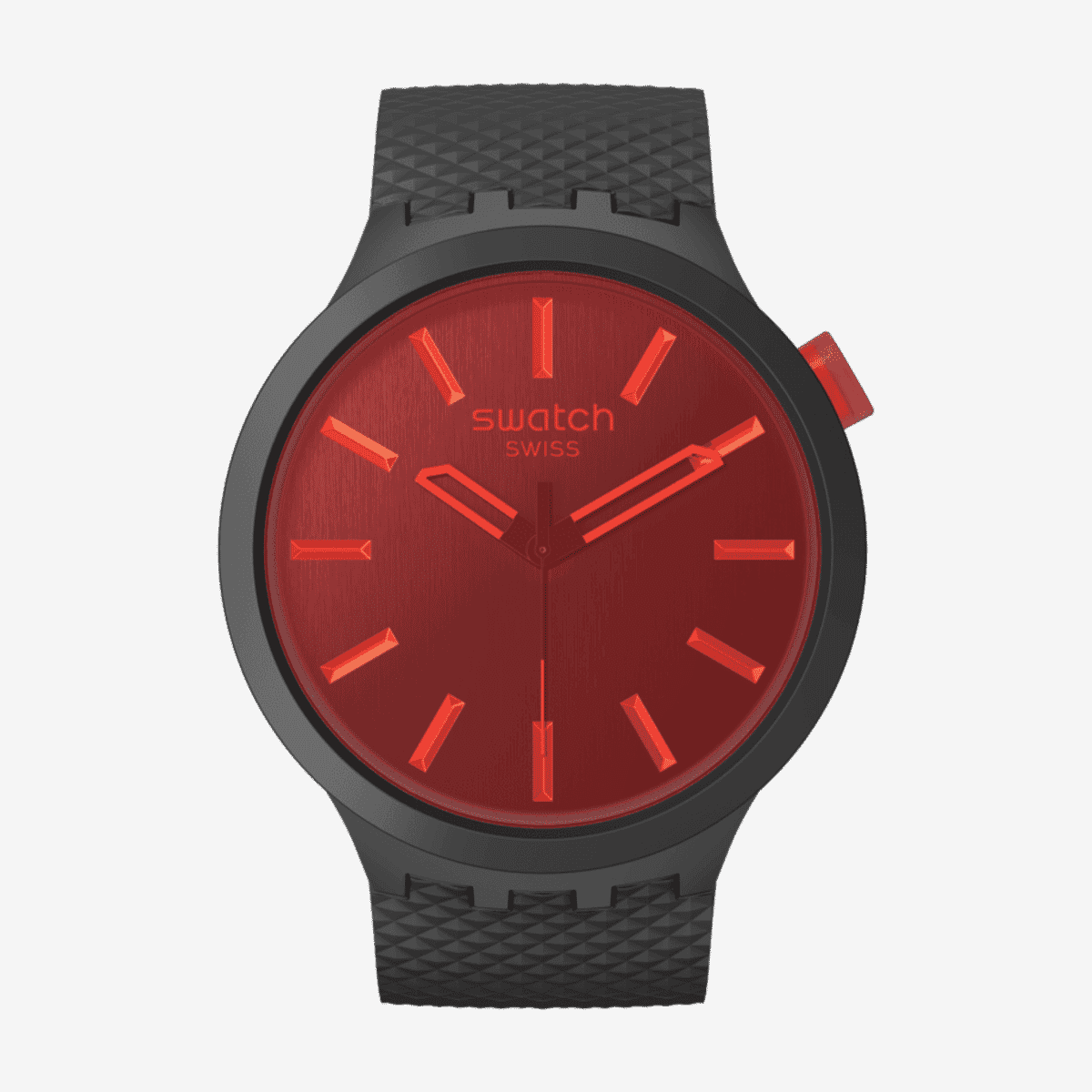 Vista frontal del Reloj Swatch Midnight Mode con correa negra y esfera roja - SB05B111