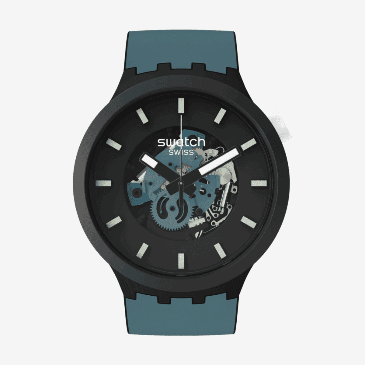 Vista frontal del Reloj Swatch Night Trip con correa de silicona azul y esfera negra - SB03B107
