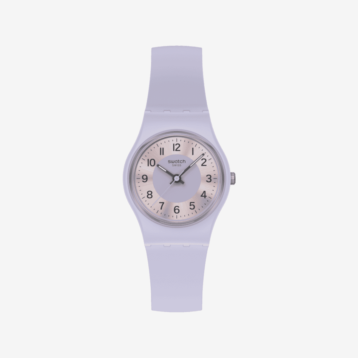 Reloj Swatch Lilac Lightness LV121 con correa y caja púrpura vista frontal - LV121