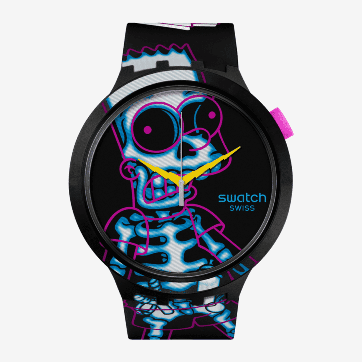 Reloj Swatch Aye Carumboo SB01Z105 con diseño de Los Simpson en la esfera y correa de silicona negra vista frontal - SB01Z105