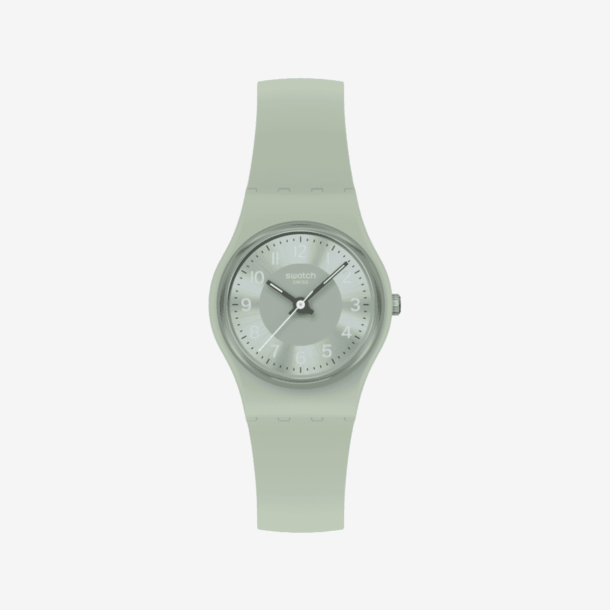 Vista frontal del Reloj Swatch Serenity of Sage con correa de silicona verde y esfera verde - LG131