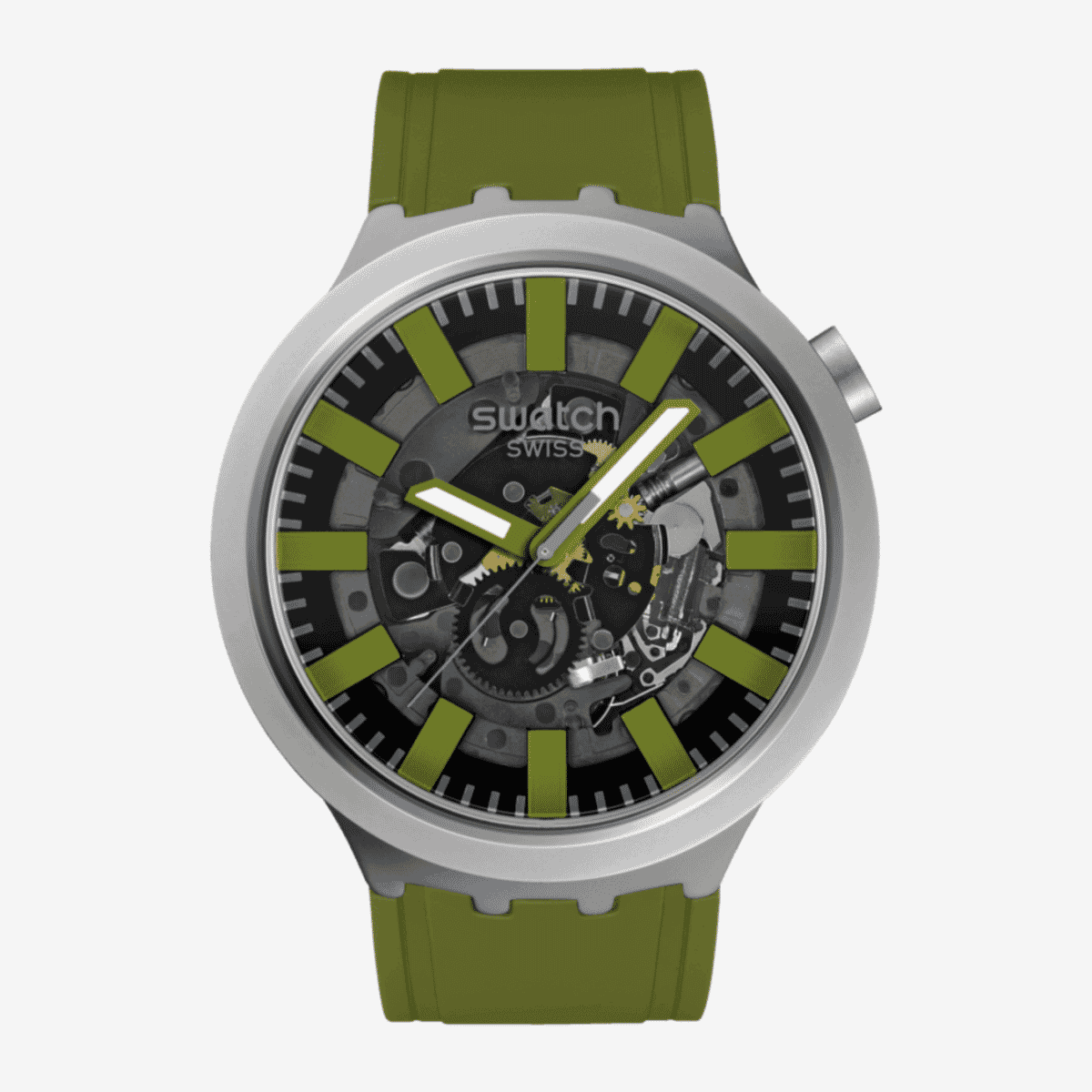 Reloj Swatch Thru the Underbrush con correa de caucho verde y esfera negra - SB07S118