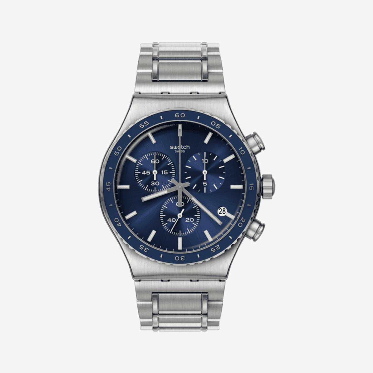 Reloj Swatch Cobalt Lagoon vista frontal con brazalete de metal y esfera azul - YVS496G
