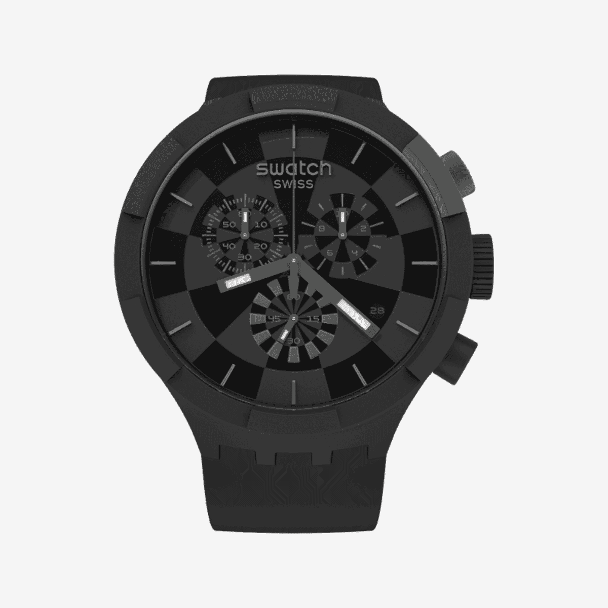 Vista frontal del Reloj Swatch Checkpoint Black con correa negra y esfera negra - SB02B400