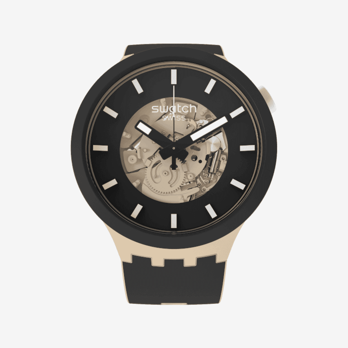 Reloj Swatch Time for Taupe vista frontal con correa de silicona negra y esfera transparente - SB03C100