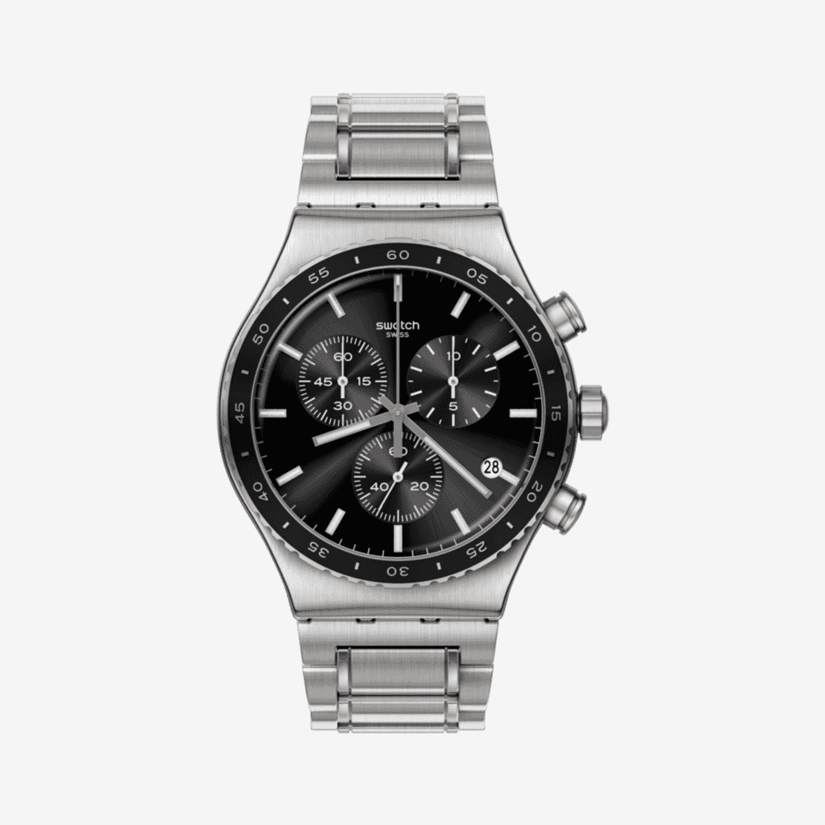 Vista frontal del Reloj Swatch Irony at Night con brazalete de acero y esfera negra - YVS495G