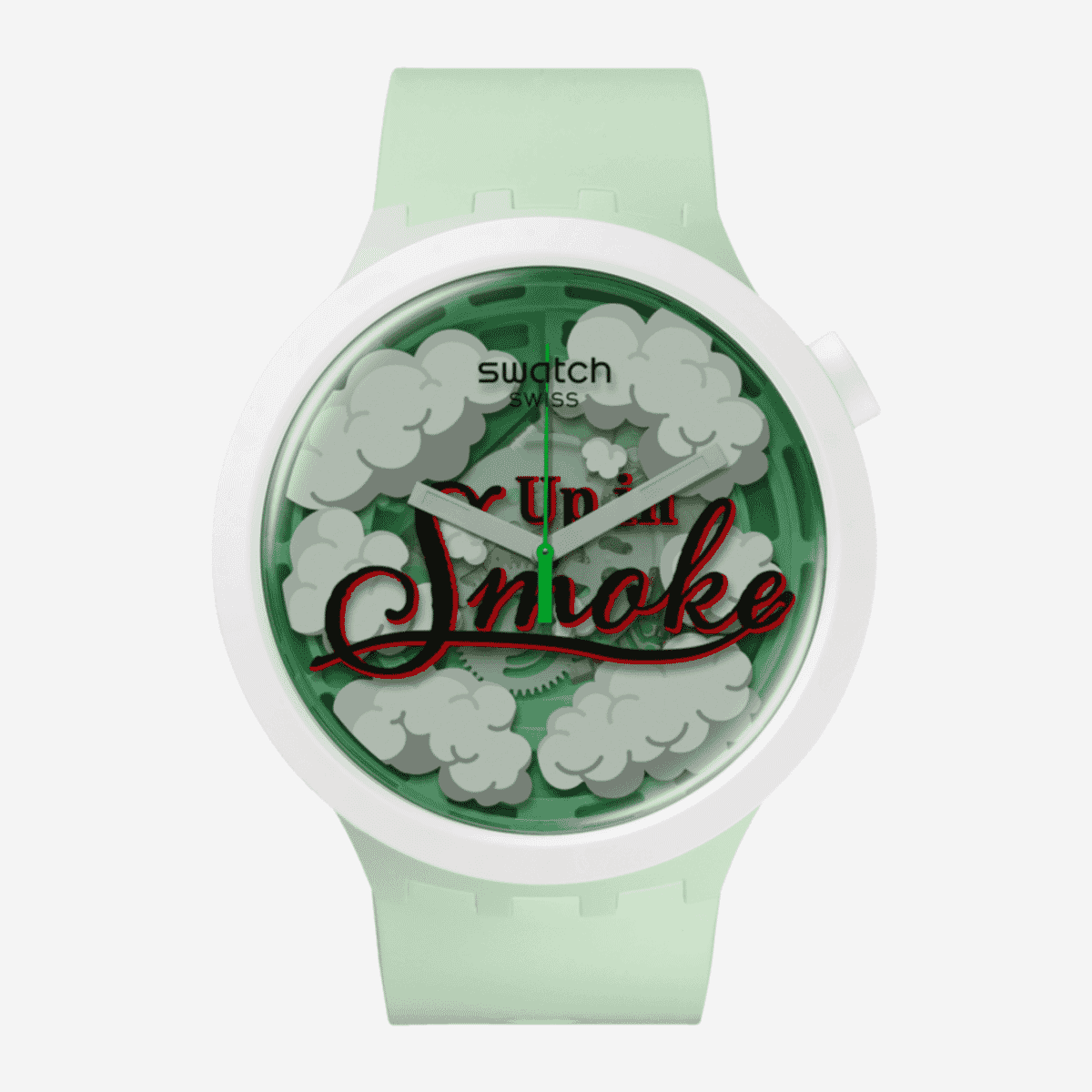 Reloj Swatch Up in Smoke vista frontal con correa de silicona verde y esfera transparente - SB03Z103