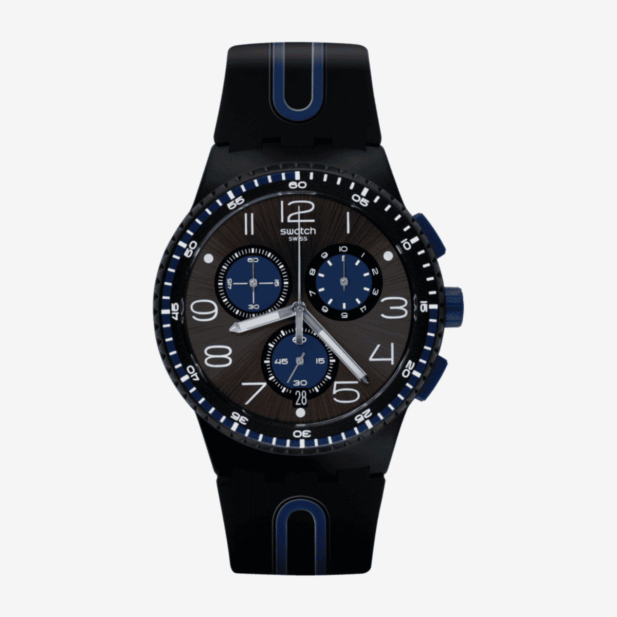 Reloj Swatch Kaicco vista frontal con correa de silicona negra y esfera marrón - SUSB406