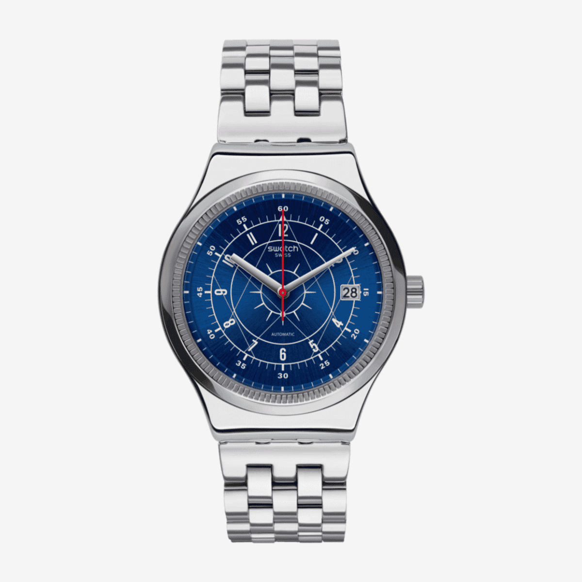 Vista frontal del Reloj Swatch Sistem Boreal con brazalete de acero y esfera azul - YIS401GC
