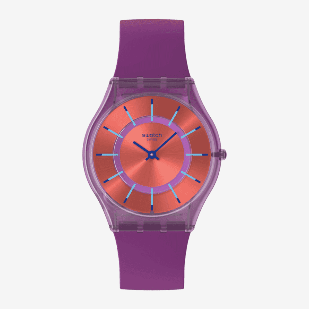 Reloj Swatch Sweet Strawberry Dream con correa de silicona púrpura y esfera roja vista frontal - SS08V108