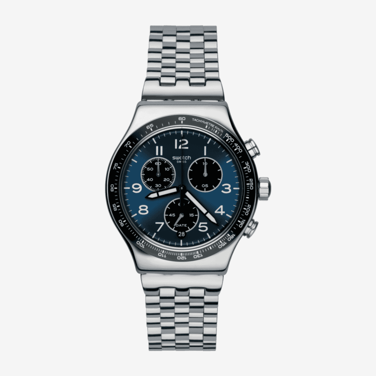 Vista frontal del Reloj Swatch Boxengasse con brazalete de acero y esfera azul - YVS423GC