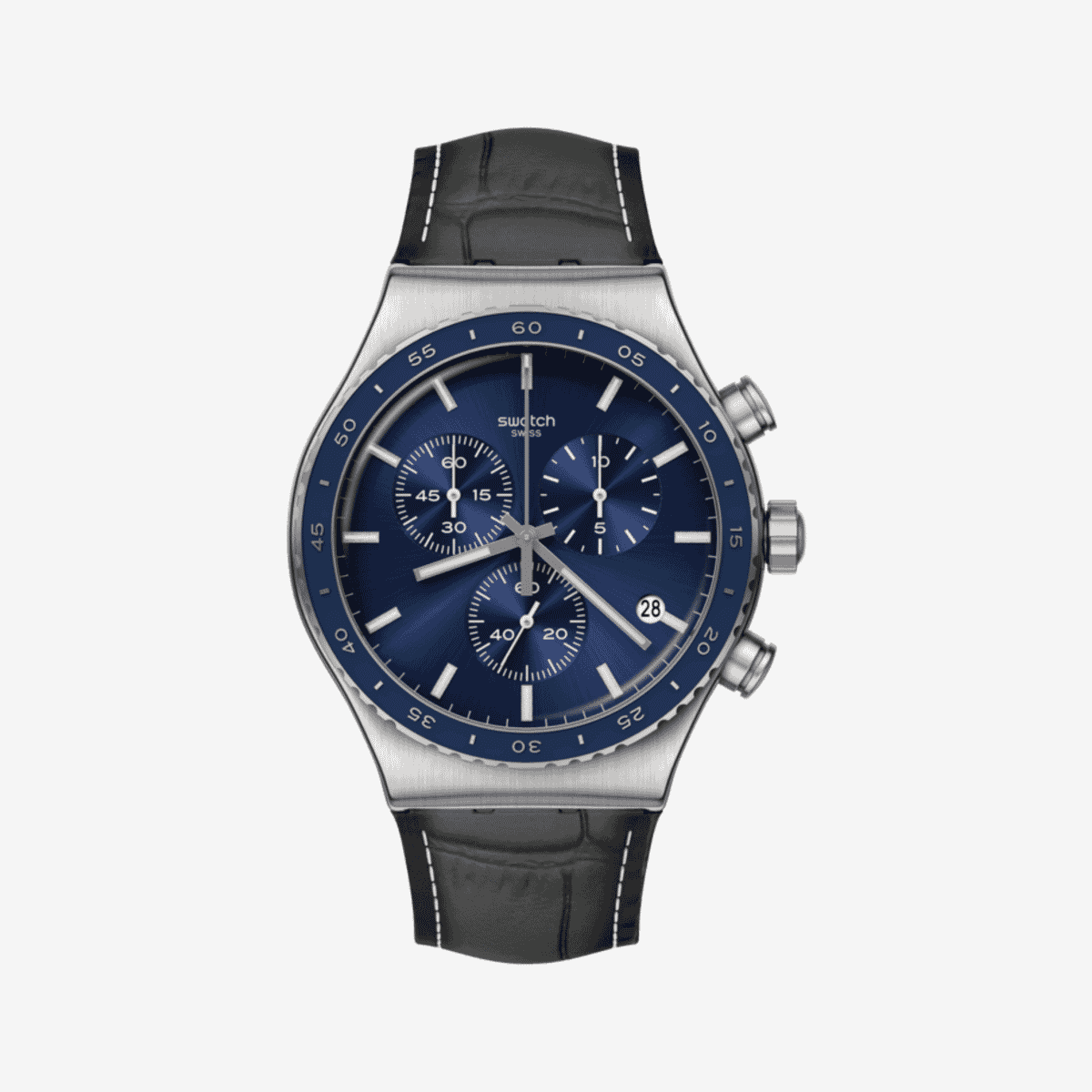 Vista frontal del Reloj Swatch Cobalt Lagoon con correa de cuero negra y esfera azul - YVS496