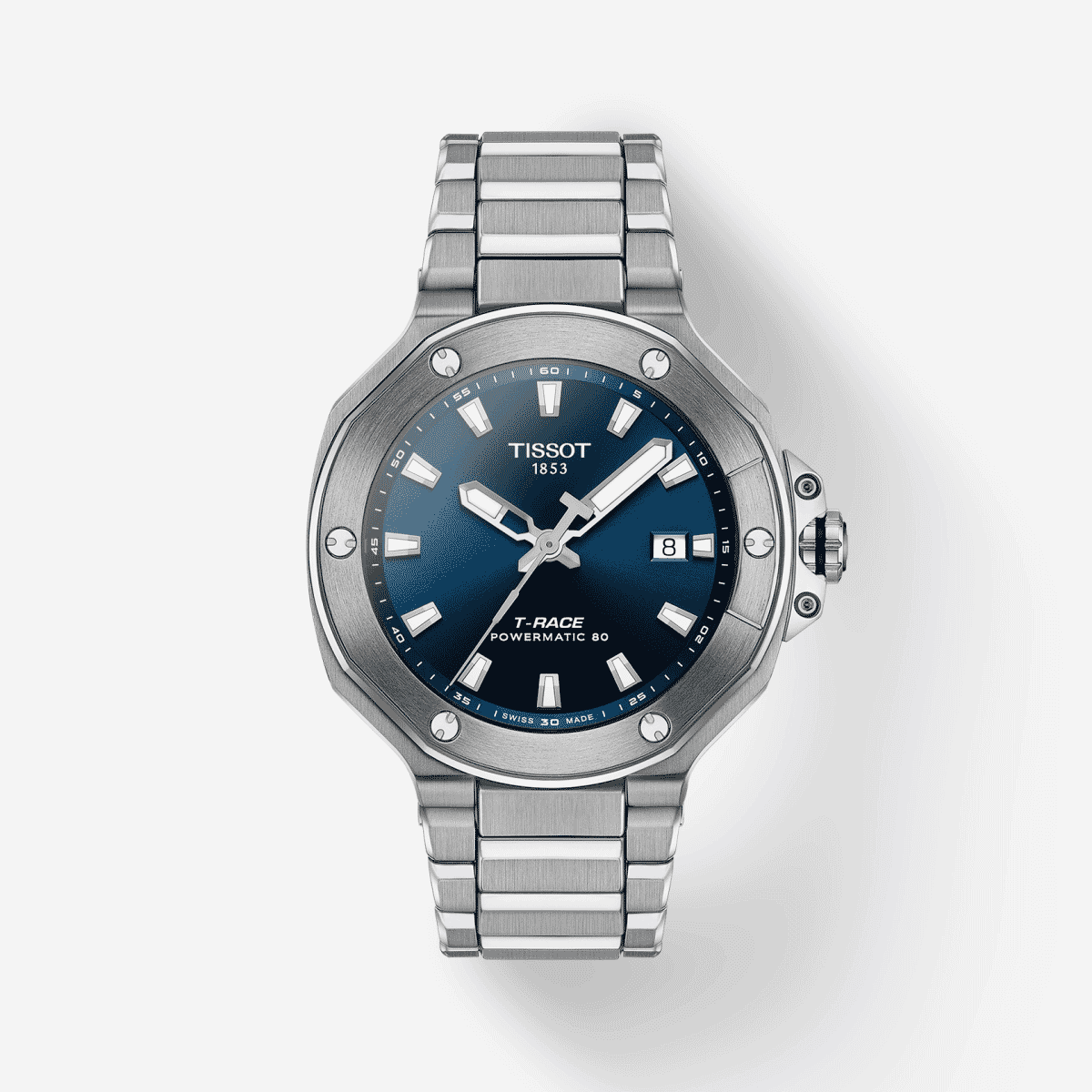 Vista frontal del Tissot T-Race Powermatic 80 41mm con brazalete de acero inoxidable y esfera azul - T1418071104100