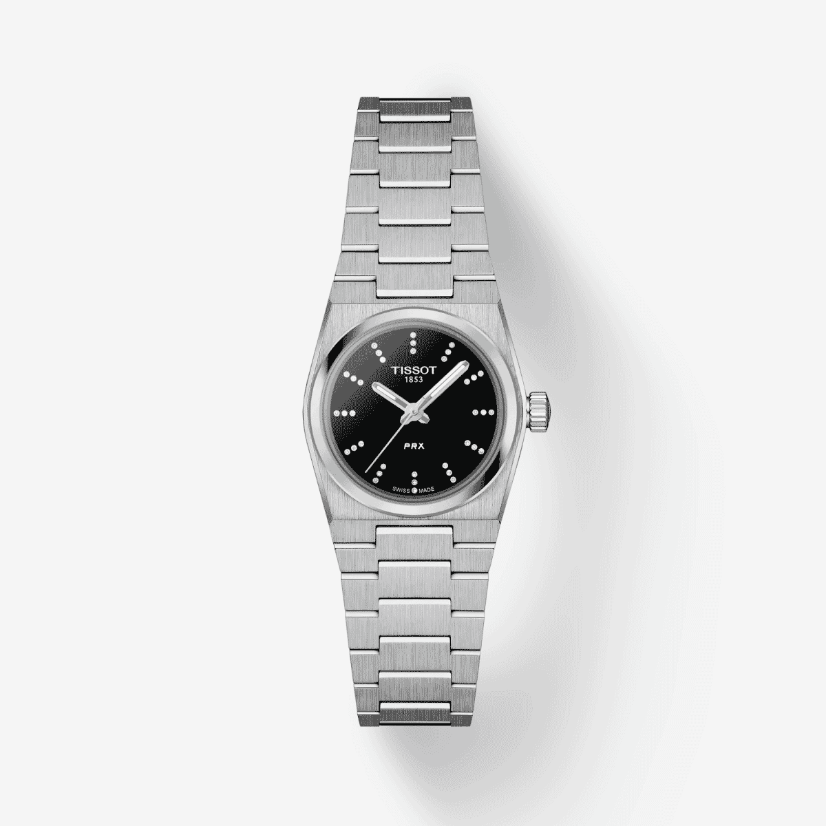 Vista frontal del Reloj Tissot PRX 25mm con brazalete de acero y esfera negra - T1370101105600