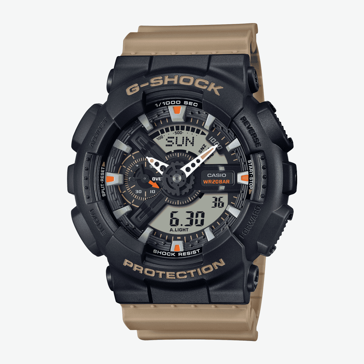 Vista frontal del Reloj Casio G-Shock Classic GA-110TU-1A5ER con brazalete beige y esfera negra