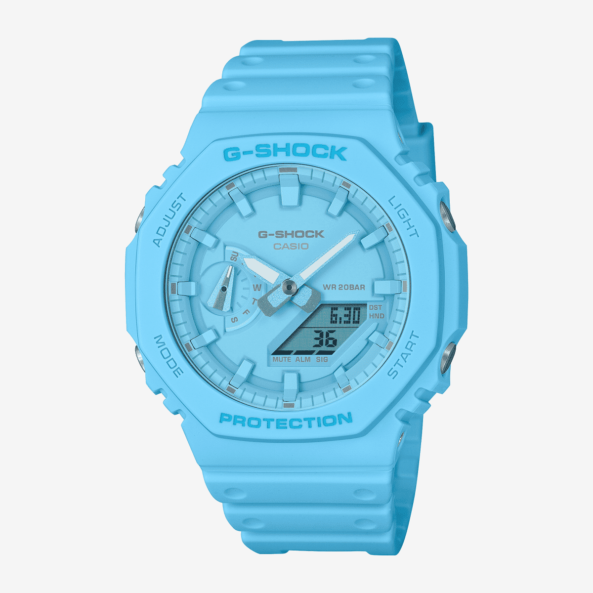Vista frontal del Reloj Casio G-Shock Classic GA-2100-2A2ER con brazalete azul y esfera azul Vista frontal del Reloj Casio G-Shock Classic GA-2100-2A2ER con brazalete azul y esfera azul